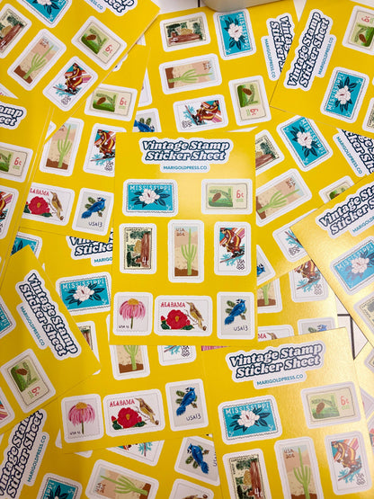 Sticker sheet featuring retro state stamps and portraits