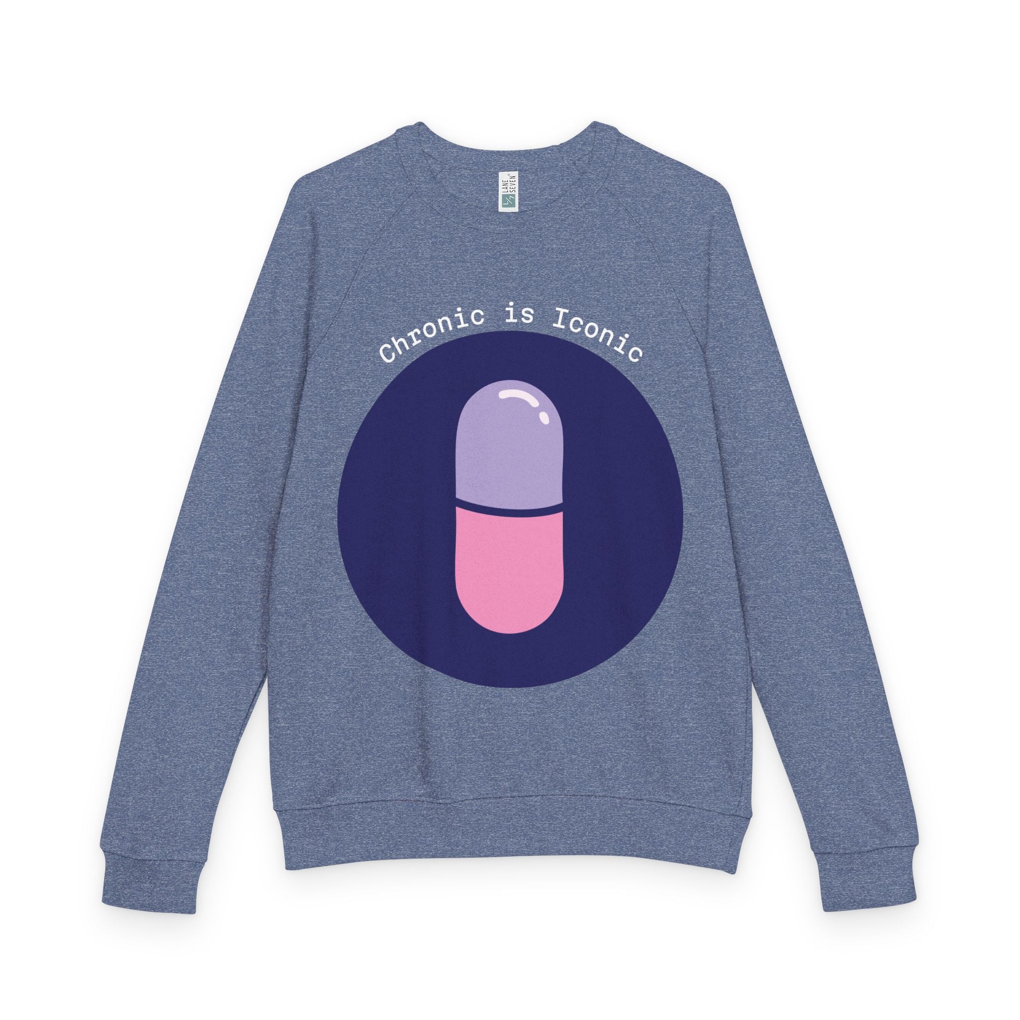 Blue sweatshirt with a pink and purple pill graphic and 'Chronic is Iconic' text on the back.