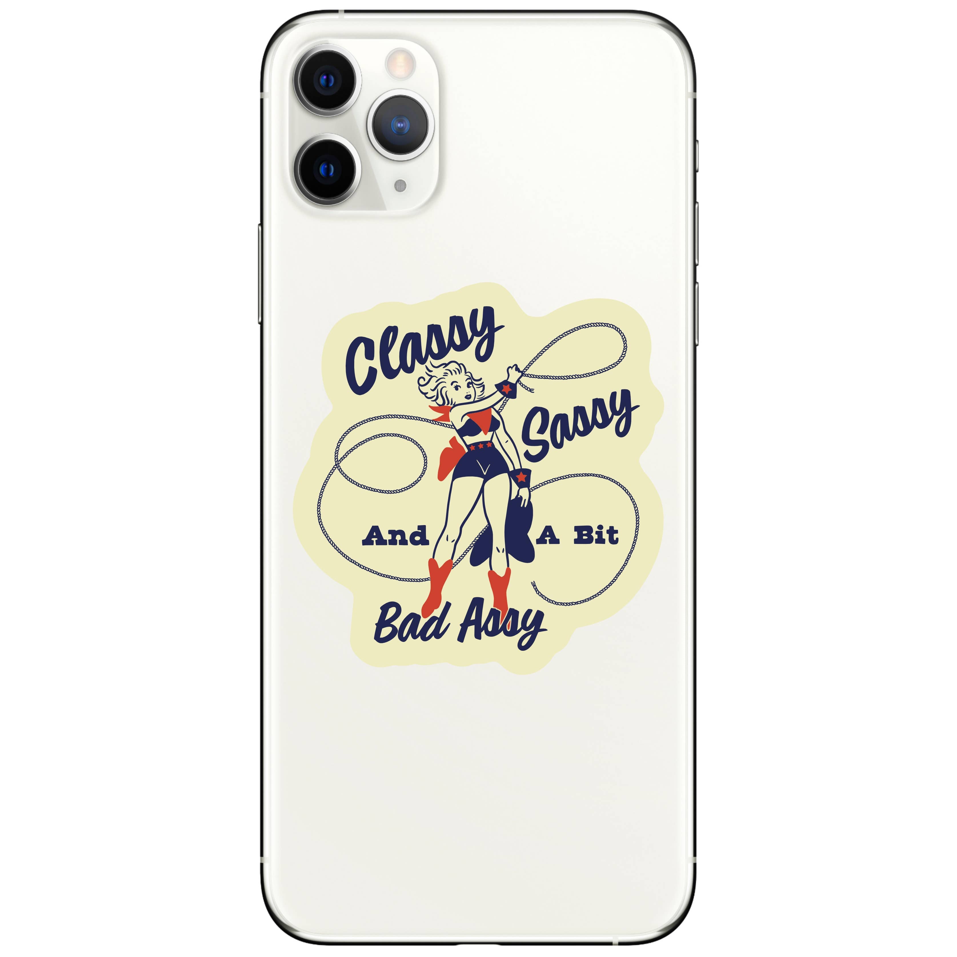 "Classy, Sassy & Badass" Cowgirl Sticker - Bold Vinyl Decal on cellphone. 