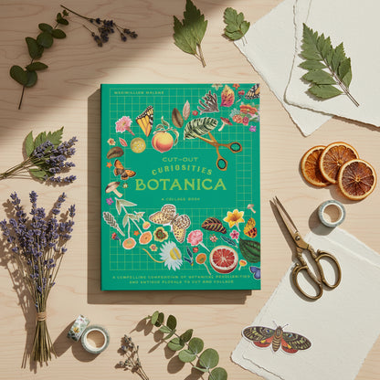 Collage book cover with botanical illustrations and text on a green background