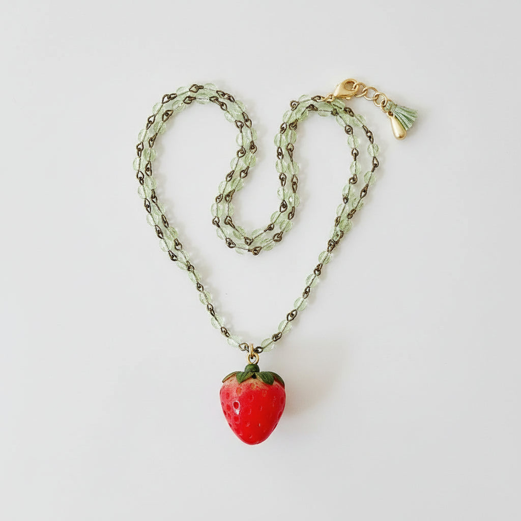 Overhead shot of strawberry necklace with lobster clasp and green tassel laid in a flat lay display