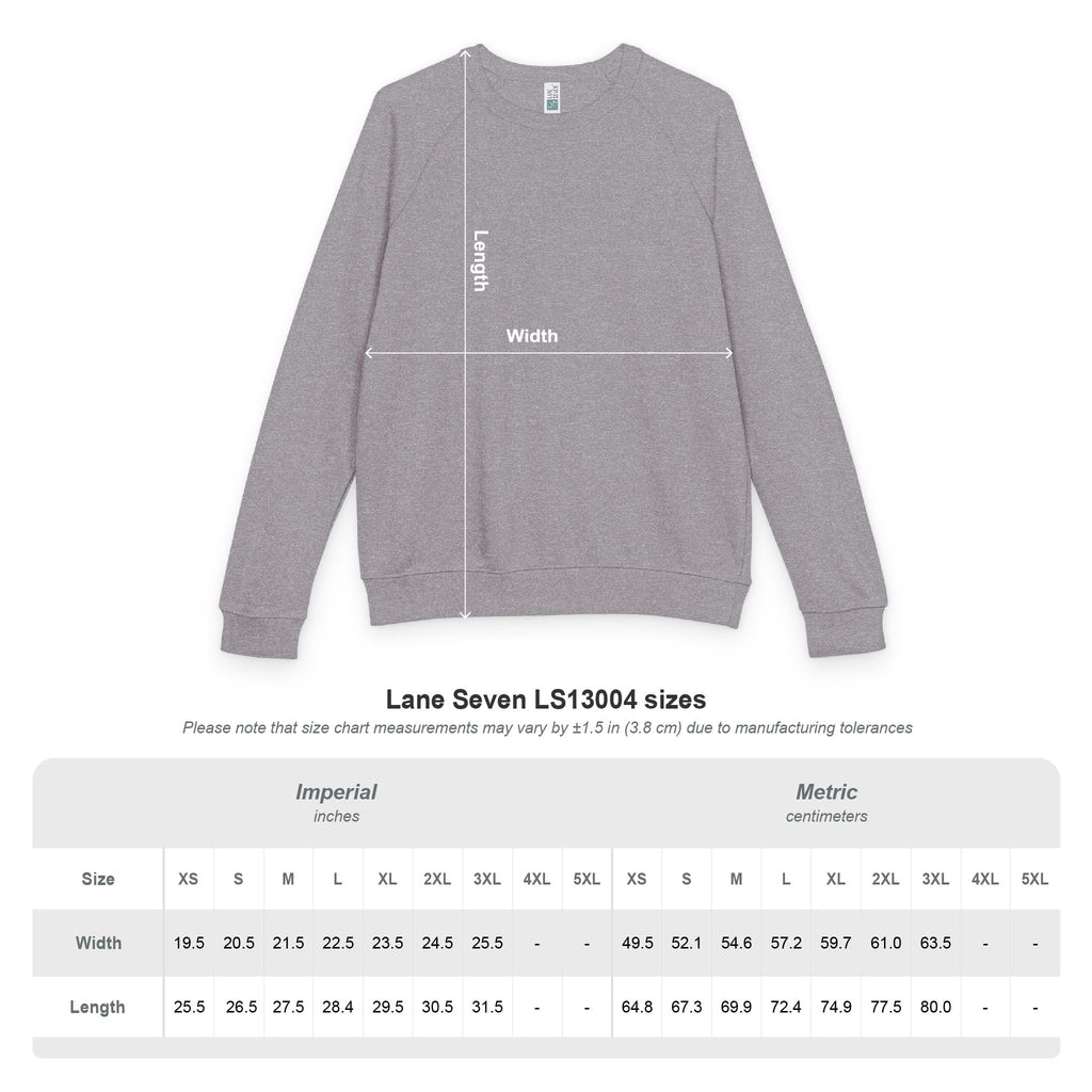 Gray sweatshirt with size chart on a white background
