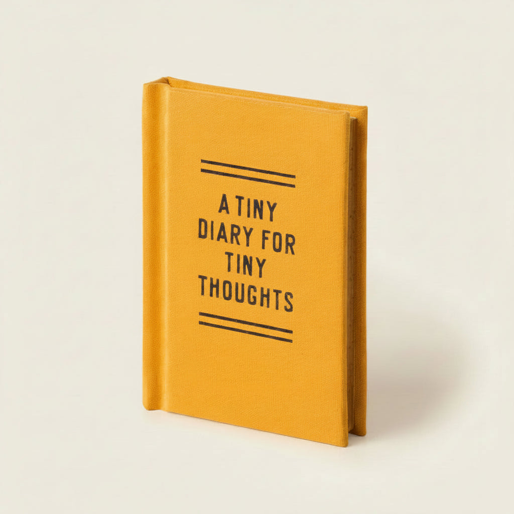 Yellow diary with 'A Tiny Diary for Tiny Thoughts' text on a white background