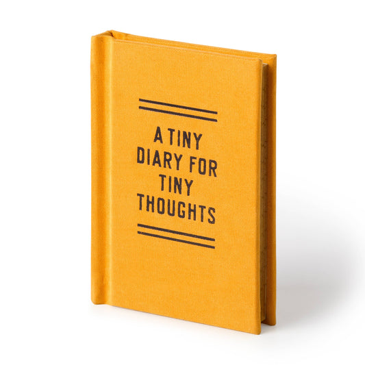 Yellow diary with 'A Tiny Diary for Tiny Thoughts' text on a white background
