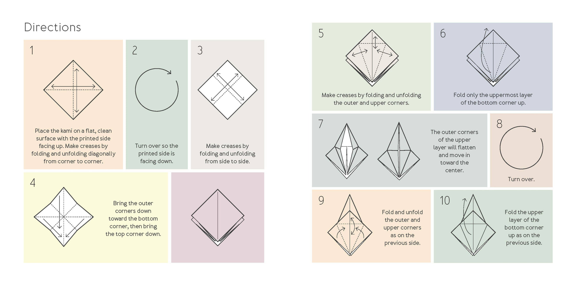 Step-by-step folding instructions for a diamond-shaped object on a colorful background