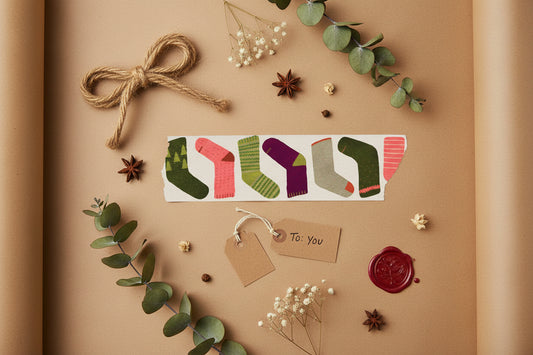 Colorful pattern of socks or stocking on brown craft paper and with other crafting elements in the background.