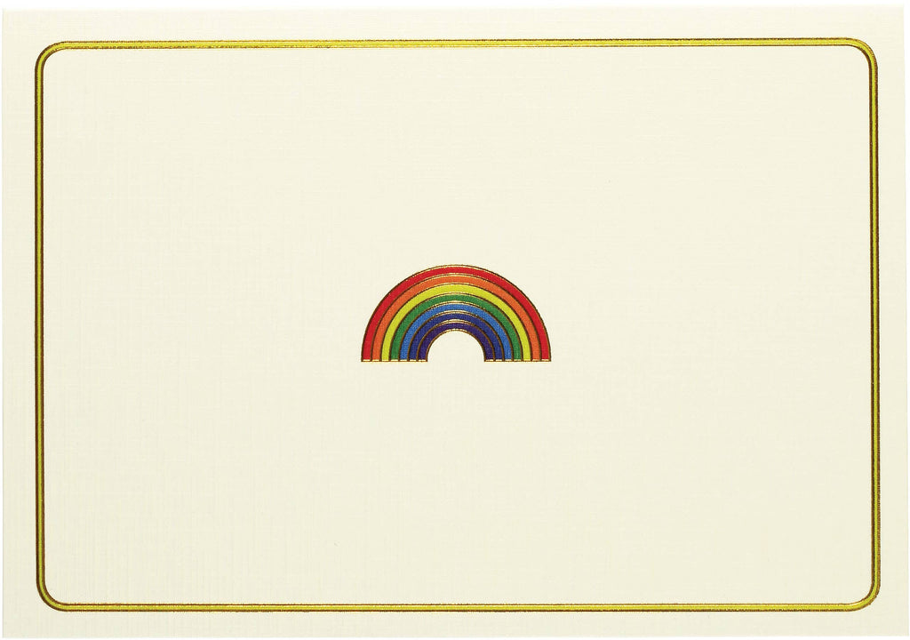 Close-up of embossed rainbow design on linen-finish card front