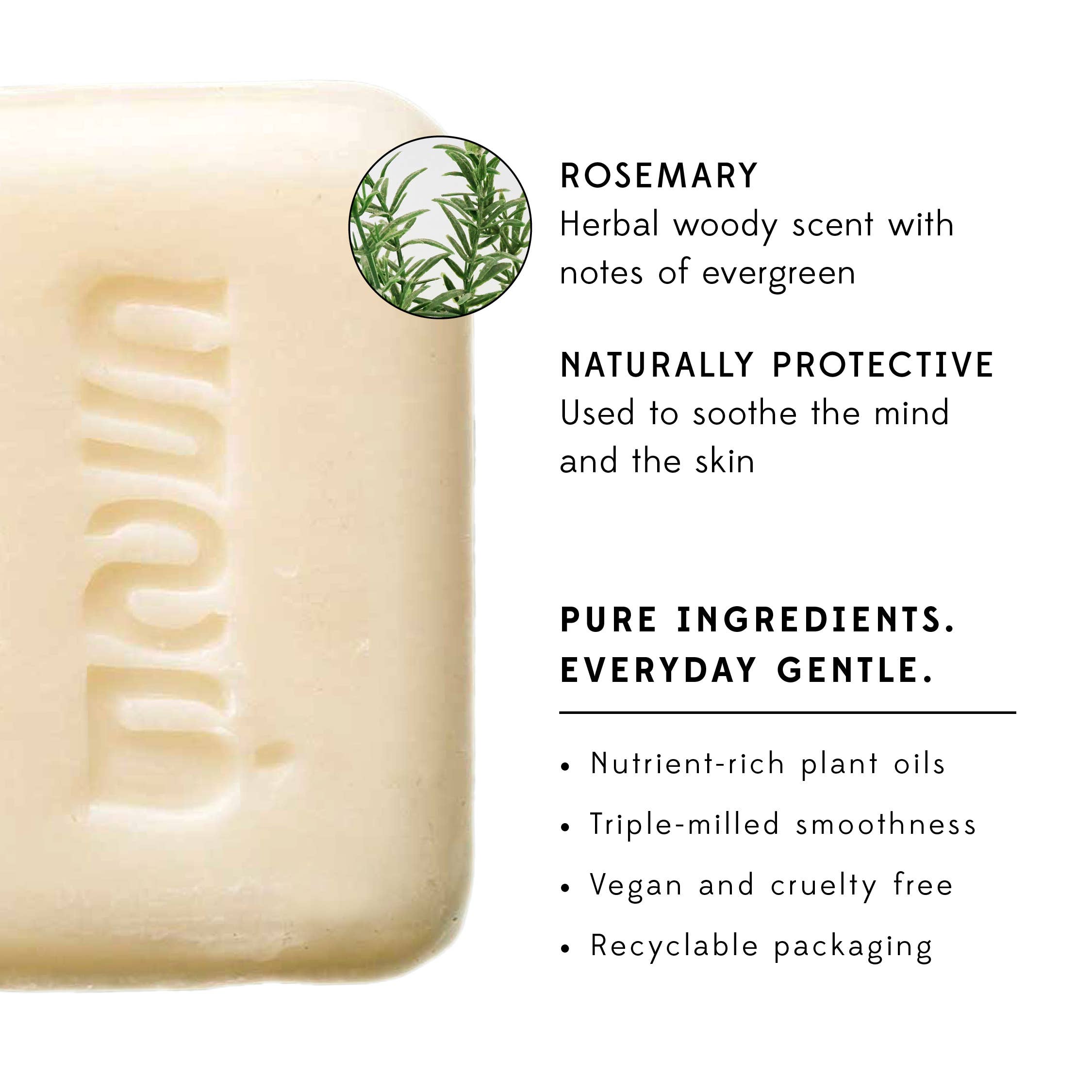 Bar of soap with rosemary essential oil information on a white background