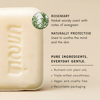 Bar of soap with rosemary essential oil information on a white background