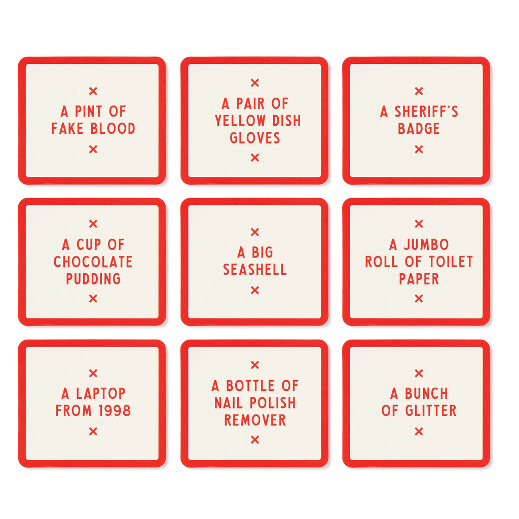 Close-up of absurd object cards like A Jumbo Roll of Toilet Paper