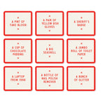 Close-up of absurd object cards like A Jumbo Roll of Toilet Paper