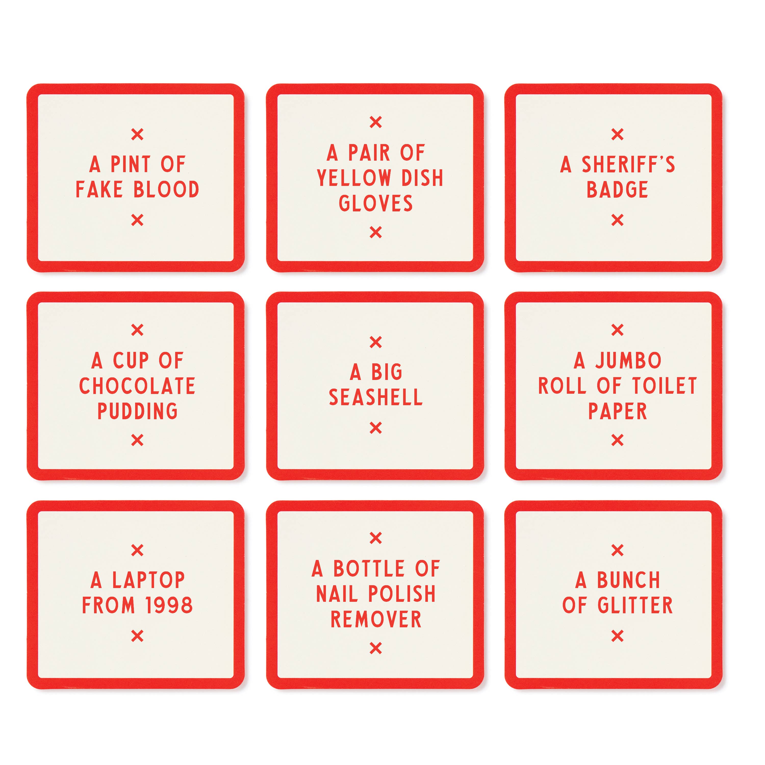 Close-up of absurd object cards like A Jumbo Roll of Toilet Paper