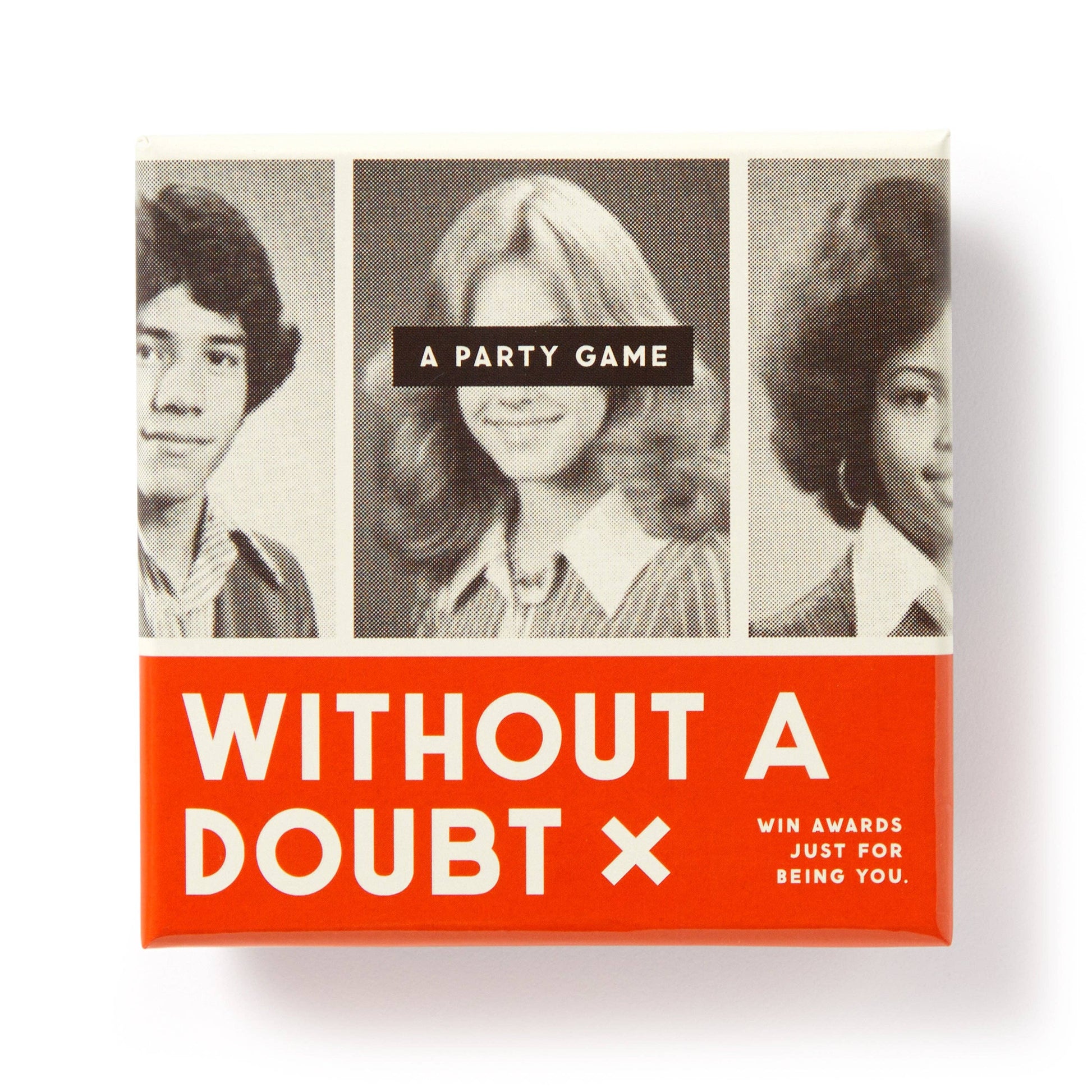 Product packaging for 'Without a Doubt' party game with vintage-style portraits and bold text.