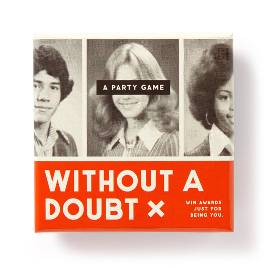 Product packaging for 'Without a Doubt' party game with vintage-style portraits and bold text.