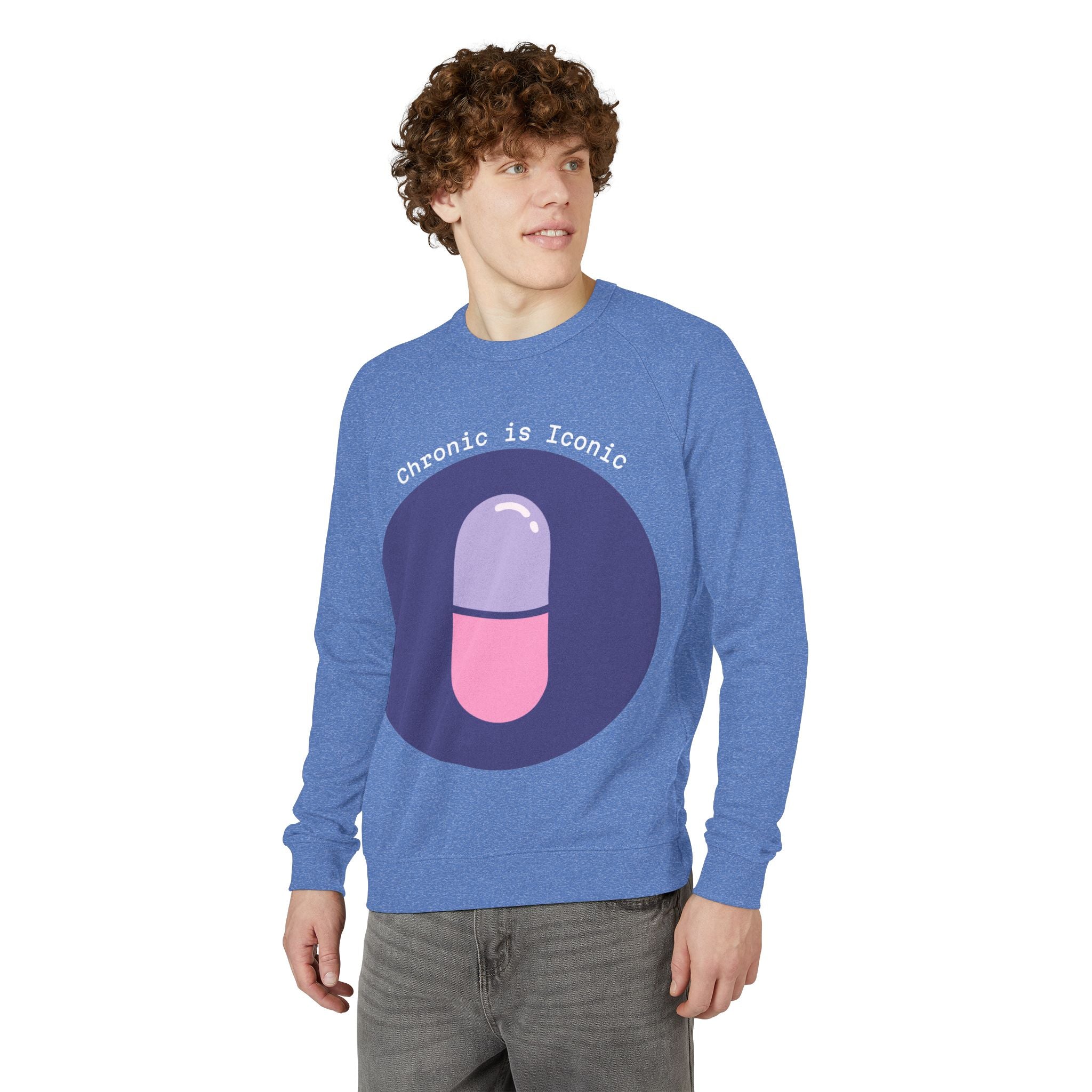 Person wearing a blue sweatshirt with a pill graphic and text on a white background