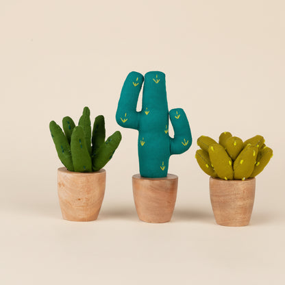 Trio of mini fabric plants including aloe, prickly pear, and saguaro