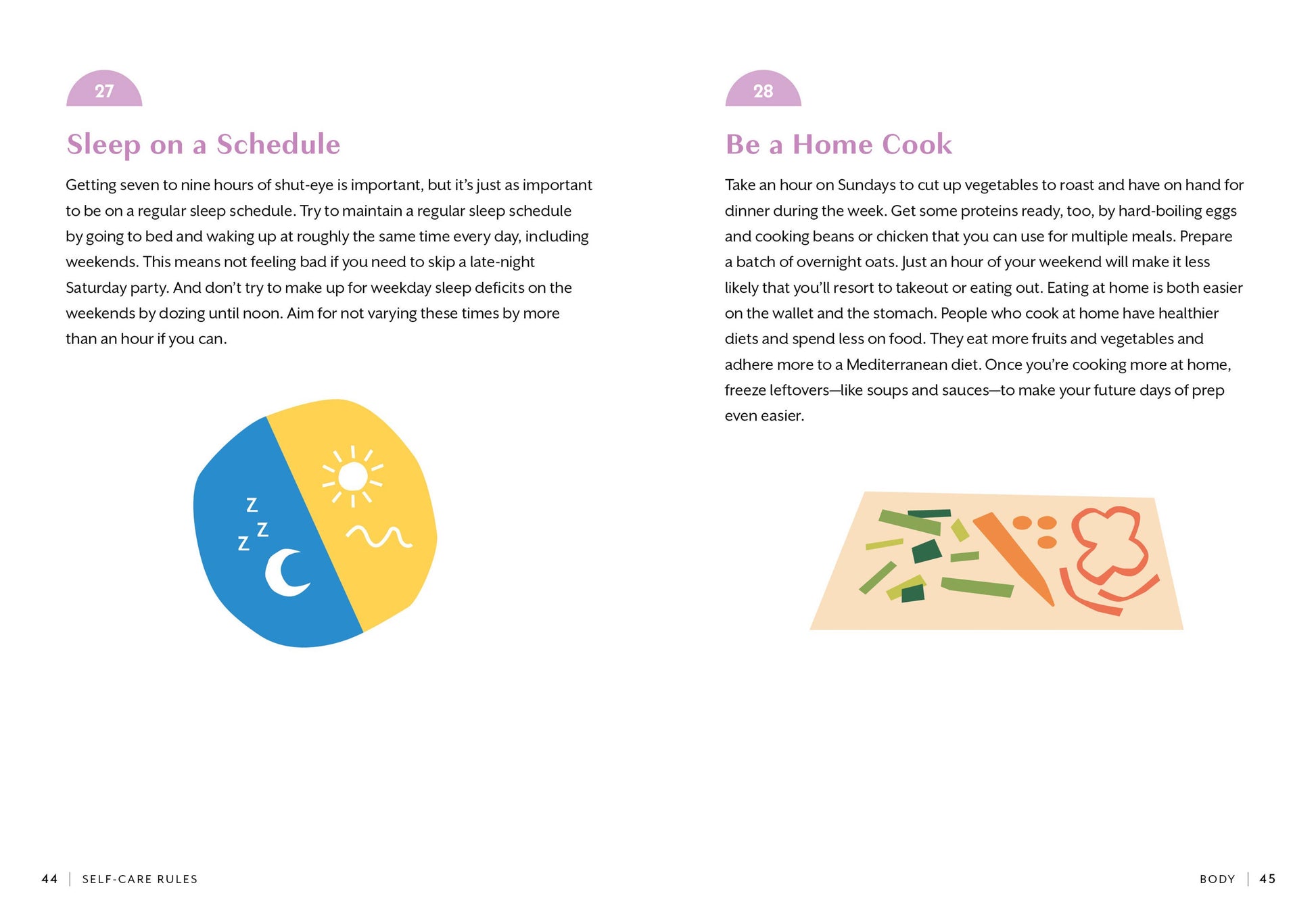 Page from a book or magazine with tips on sleep schedule and home cooking, featuring a sleep chart and food illustration.