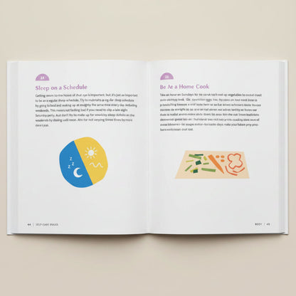 Page from a book with tips on sleep schedule and home cooking, featuring a sleep chart and food illustration.