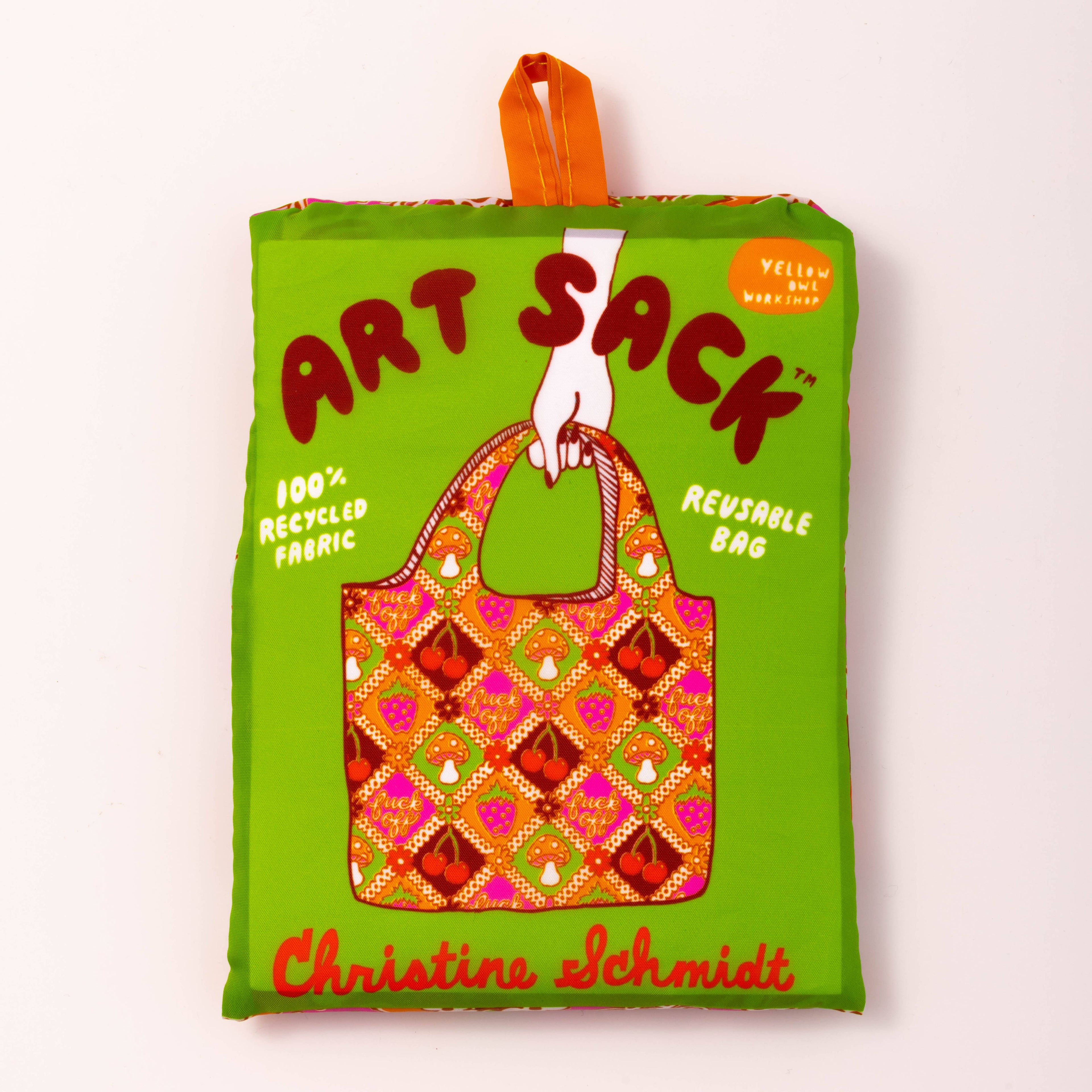 Compact F* Off Retro Art Sack® folded into a 4.5 x 5.75-inch pouch, easy to carry and store when not in use.