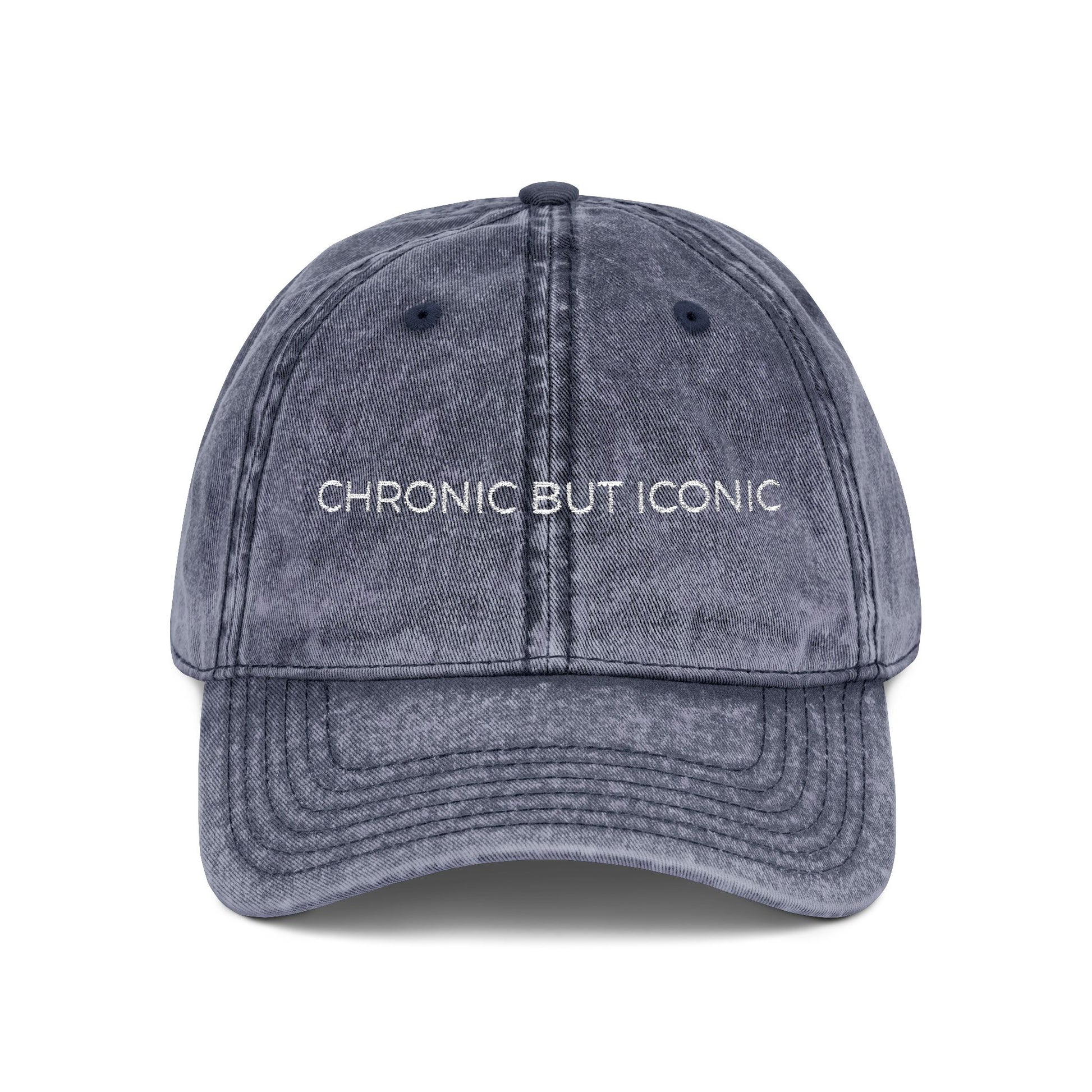 Blue cap with 'Chronic But Iconic' text on a white background