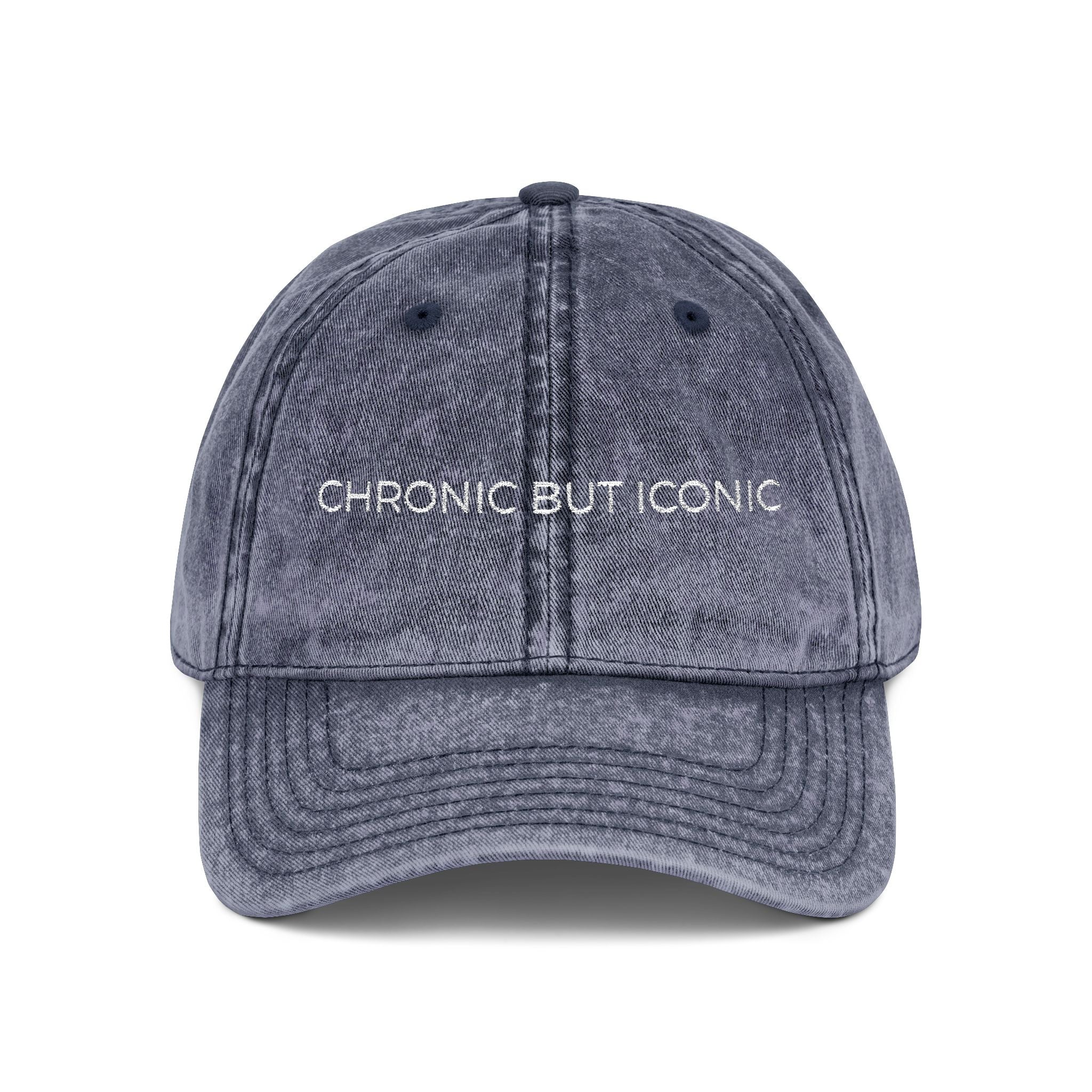 Blue cap with 'Chronic But Iconic' text on a white background