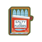 Close up view of the Salty Little Fuckers sticker of sardines in a tin