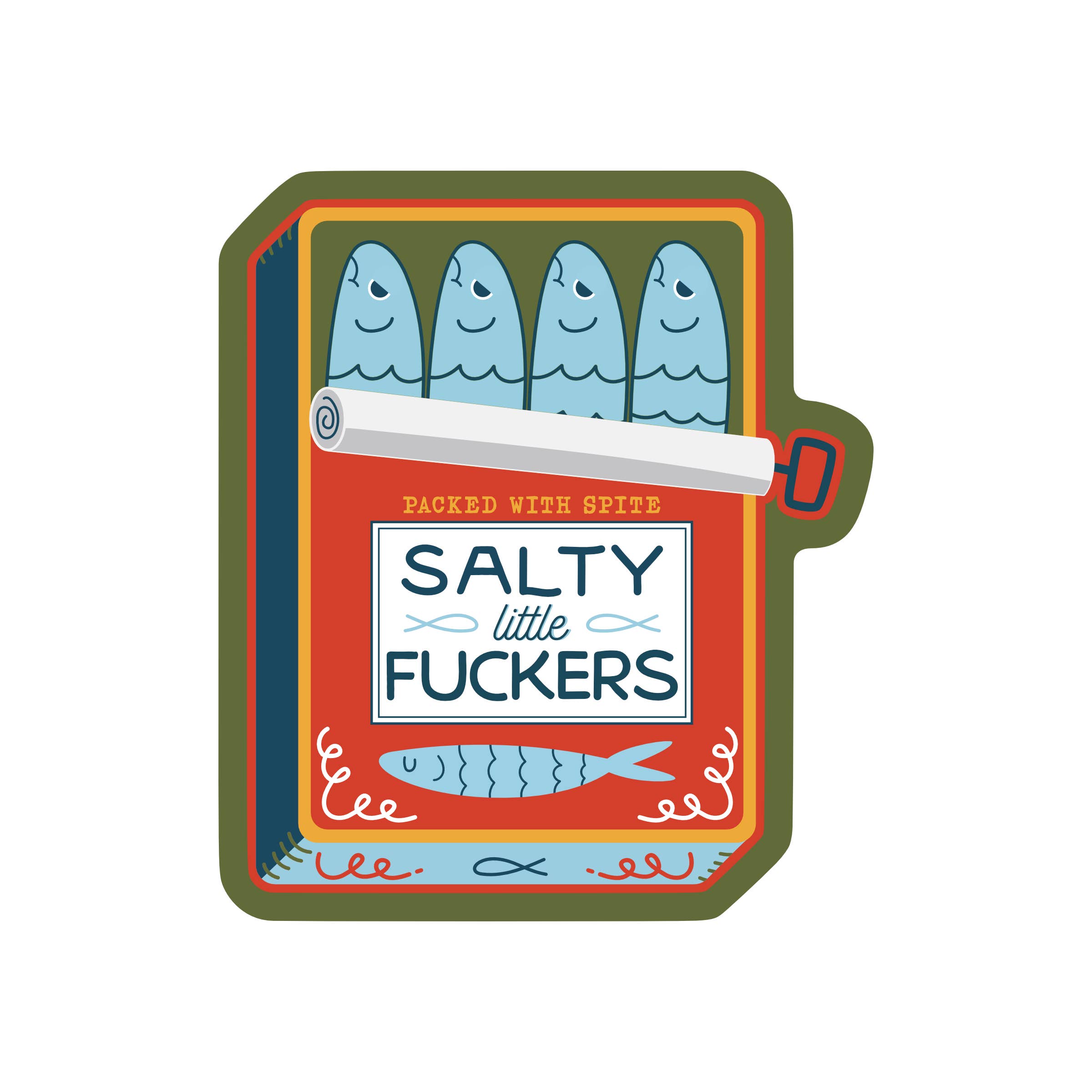 Close up view of the Salty Little Fuckers sticker of sardines in a tin