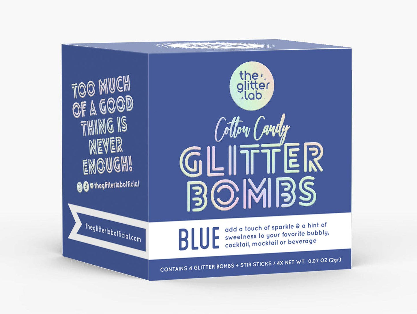 Box of Blue Glitter Bombs with pouches and stir sticks, ready to add sparkle to your next event.