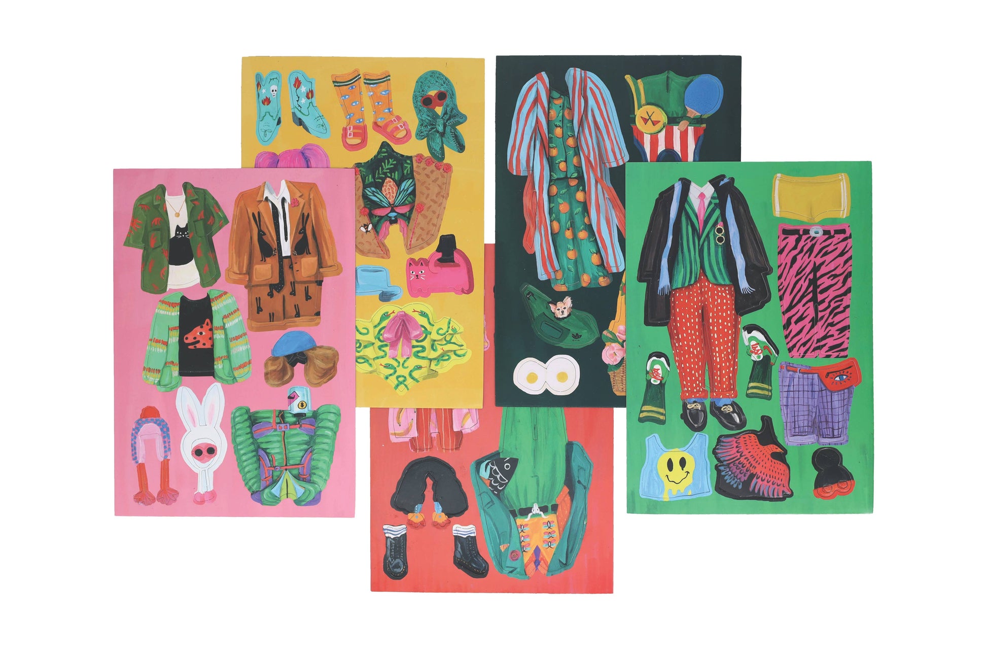 Set of colorful clothing and accessory magnetic cards on a white background