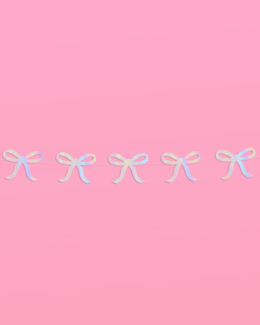 Glam pink bow garland with iridescent foil finish—4 strands, 12' each—perfect for adding sparkle to bridal showers, bachelorette parties, and baby showers.