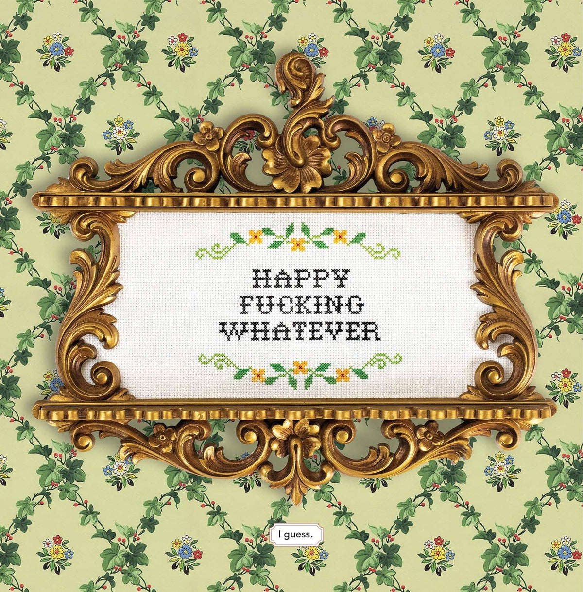 Decorative gold frame with floral pattern on a floral wallpaper background