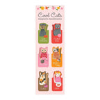 Full set of six cat-themed magnetic bookmarks on illustrated backing card