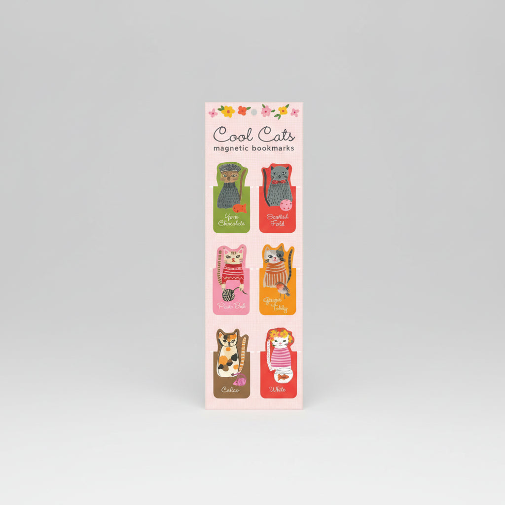 Full set of six cat-themed magnetic bookmarks on illustrated backing card