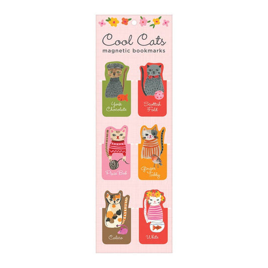 Full set of six cat-themed magnetic bookmarks on illustrated backing card