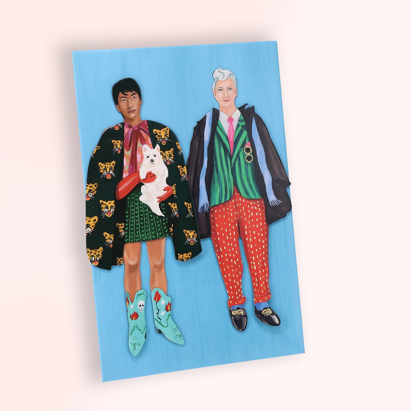 Illustration of two people and a dog on a blue background