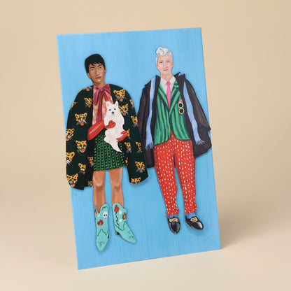Illustration of two people and a dog on a blue background