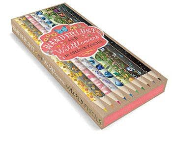 Set of 10 colored pencils with botanical and wanderlust-themed barrels