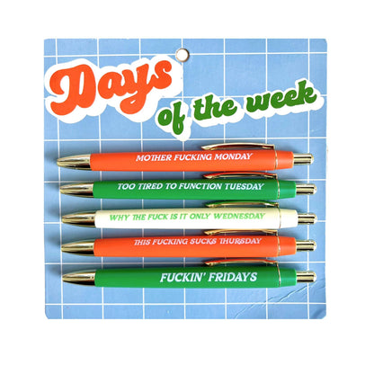 Set of 5 black ink ballpoint pens with funny adulting phrases