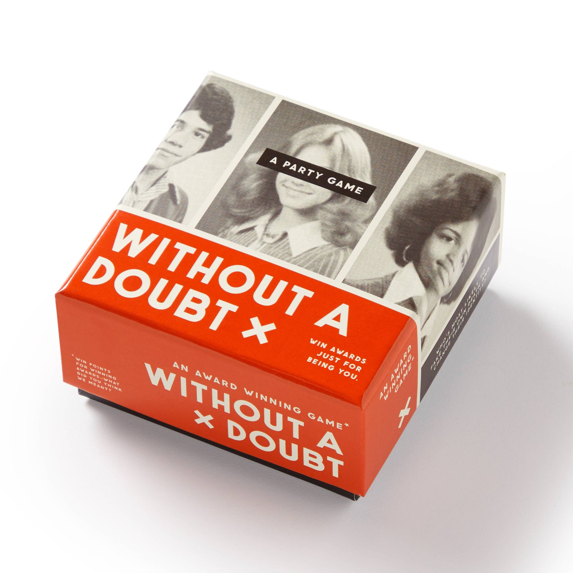 Box of 'Without a Doubt' party game with vintage-style portraits on a white background