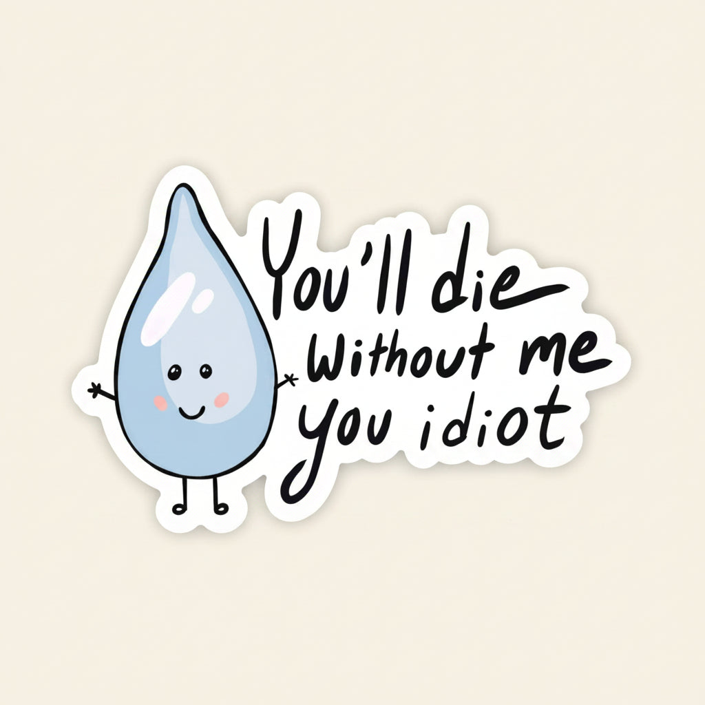 Humorous “You Will Die Without Me” vinyl sticker for water bottles, laptops, or journals