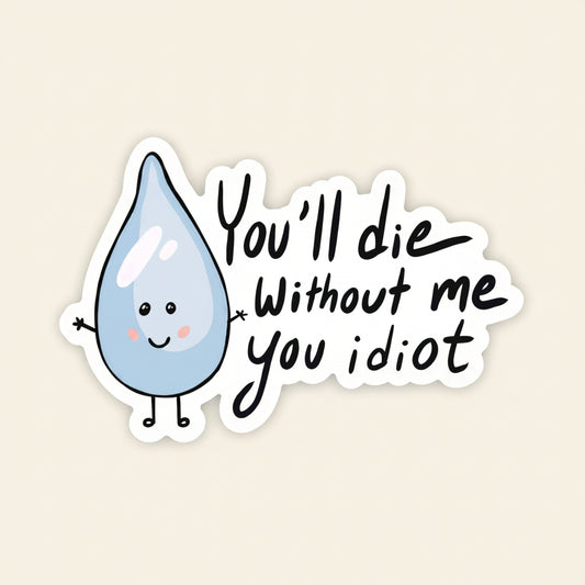 Humorous “You Will Die Without Me” vinyl sticker for water bottles, laptops, or journals