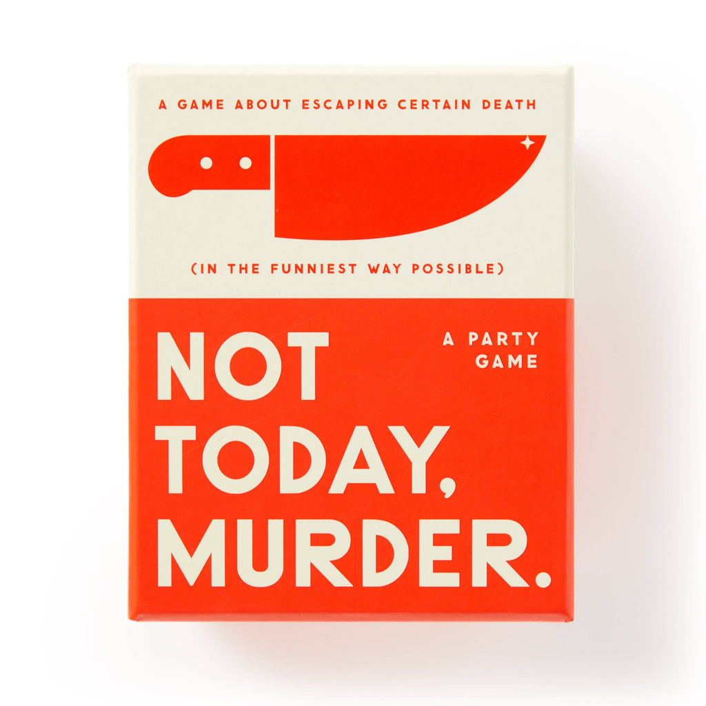 "Not Today, Murder" game box with bold text and playful design