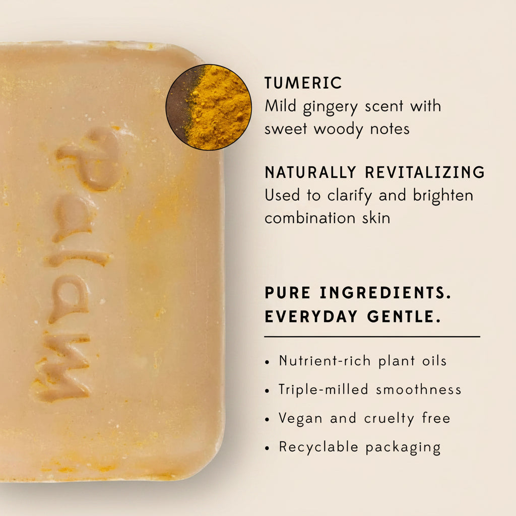 Bar of soap with tumeric and brand name, featuring text about product benefits.