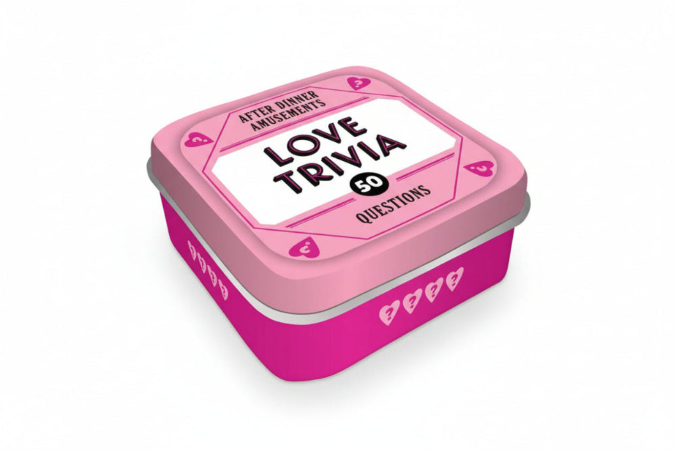 Pink tin with 'Love Trivia' text on a white background