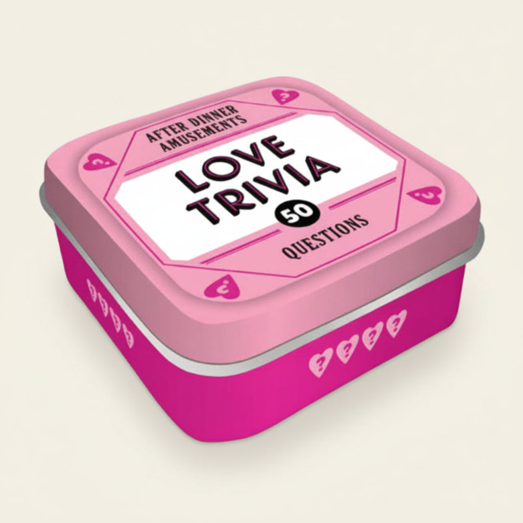 Pink tin with 'Love Trivia' text on a white background
