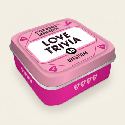 Pink tin with 'Love Trivia' text on a white background