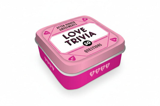 Pink tin with 'Love Trivia' text on a white background