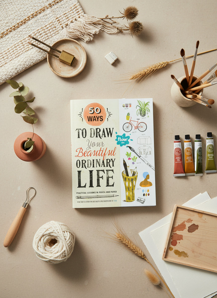 Book titled '50 Ways to Draw Your Beautiful Ordinary Life' on a table with art supplies