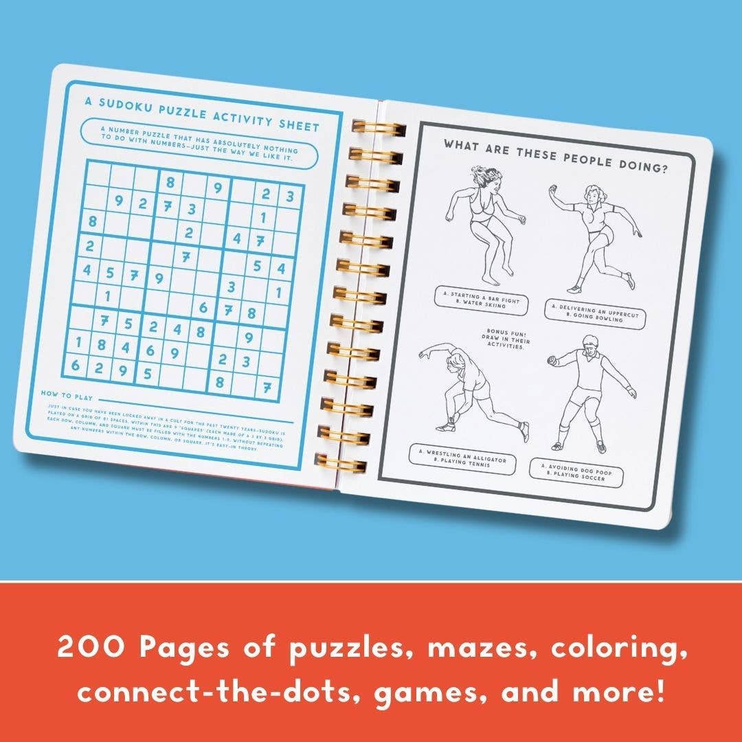 Image of journal open and text that reads, "200 Pages of puzzles, mazes, coloring, connect-the-dots, games, and more!"