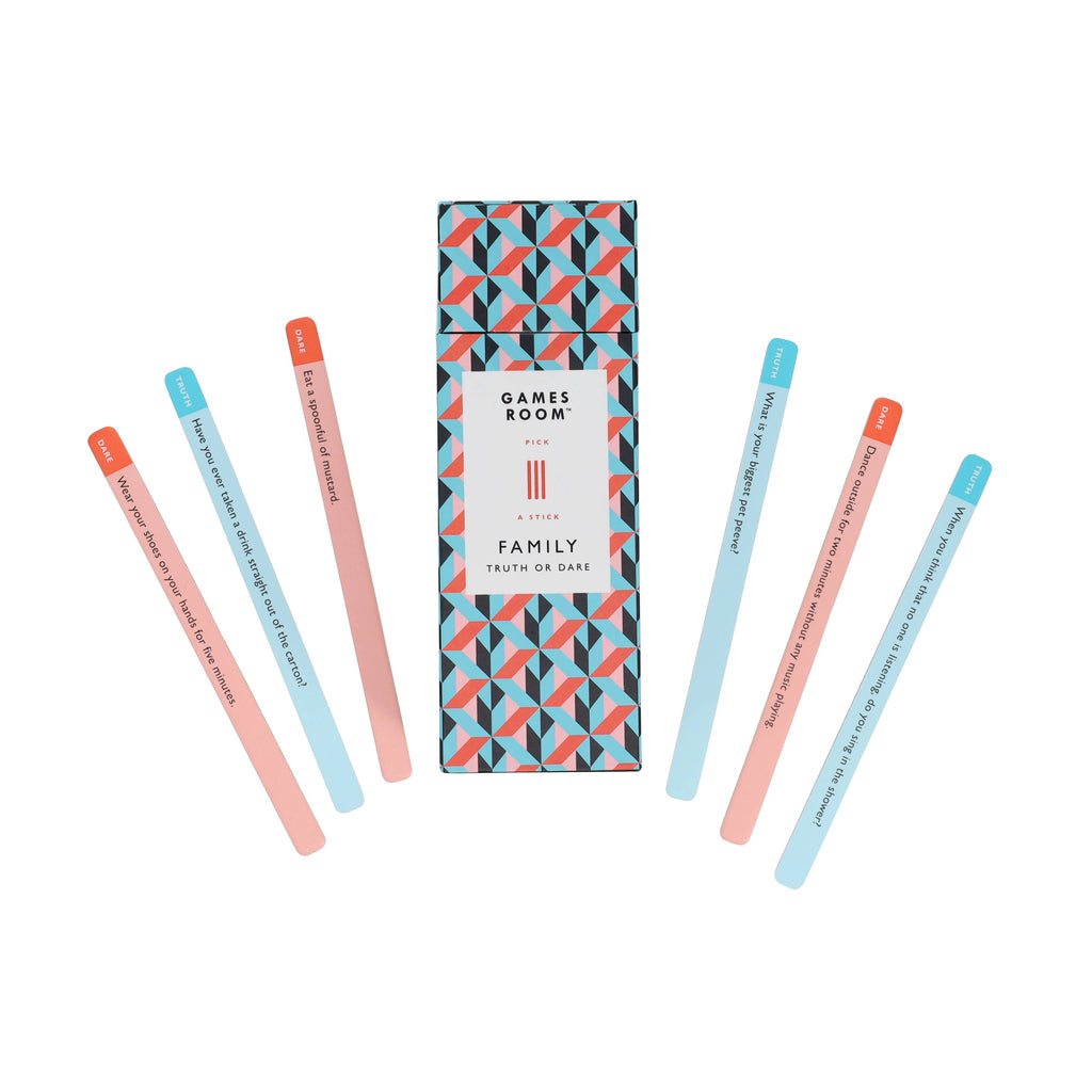 A few double-sided prompt sticks displayed outside the box with playful questions visible